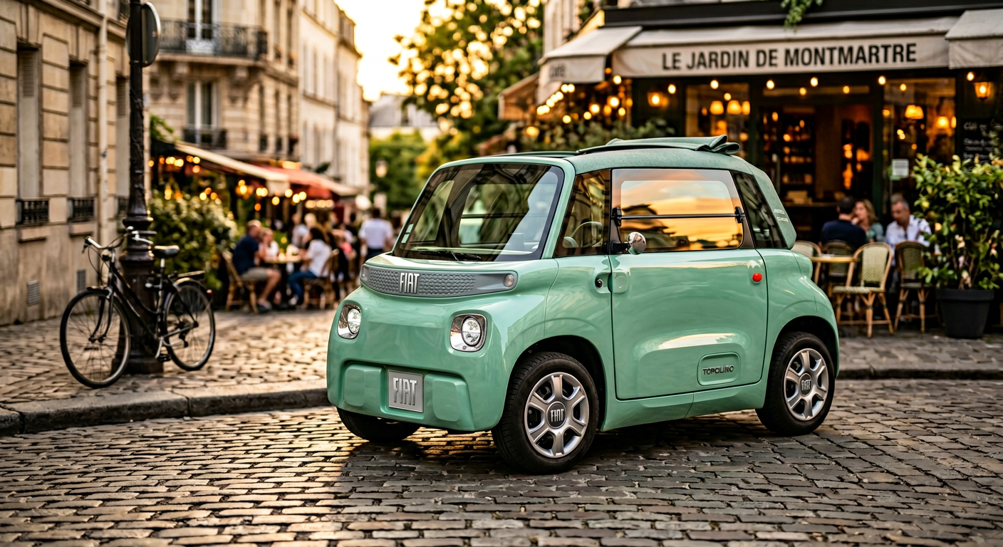 Hyperrealistic photo of a Fiat Topolino electric microcar parked on a sunny Parisian street