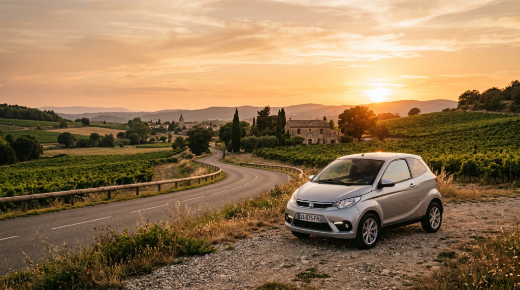 aixam grise garé sur une route de campagne couché de soleil golden hours