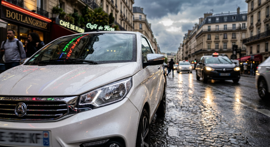 aixam voiture sans permis gros plan phare avant garé en ville , centre ville Paris