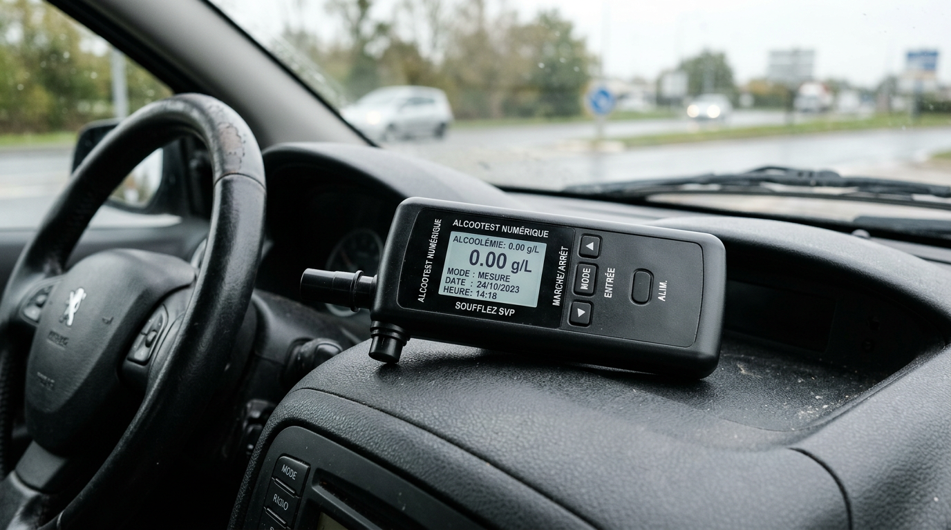 Éthylotest professionnel posé sur le tableau de bord d'une voiture, gros plan sur l'écran digital
