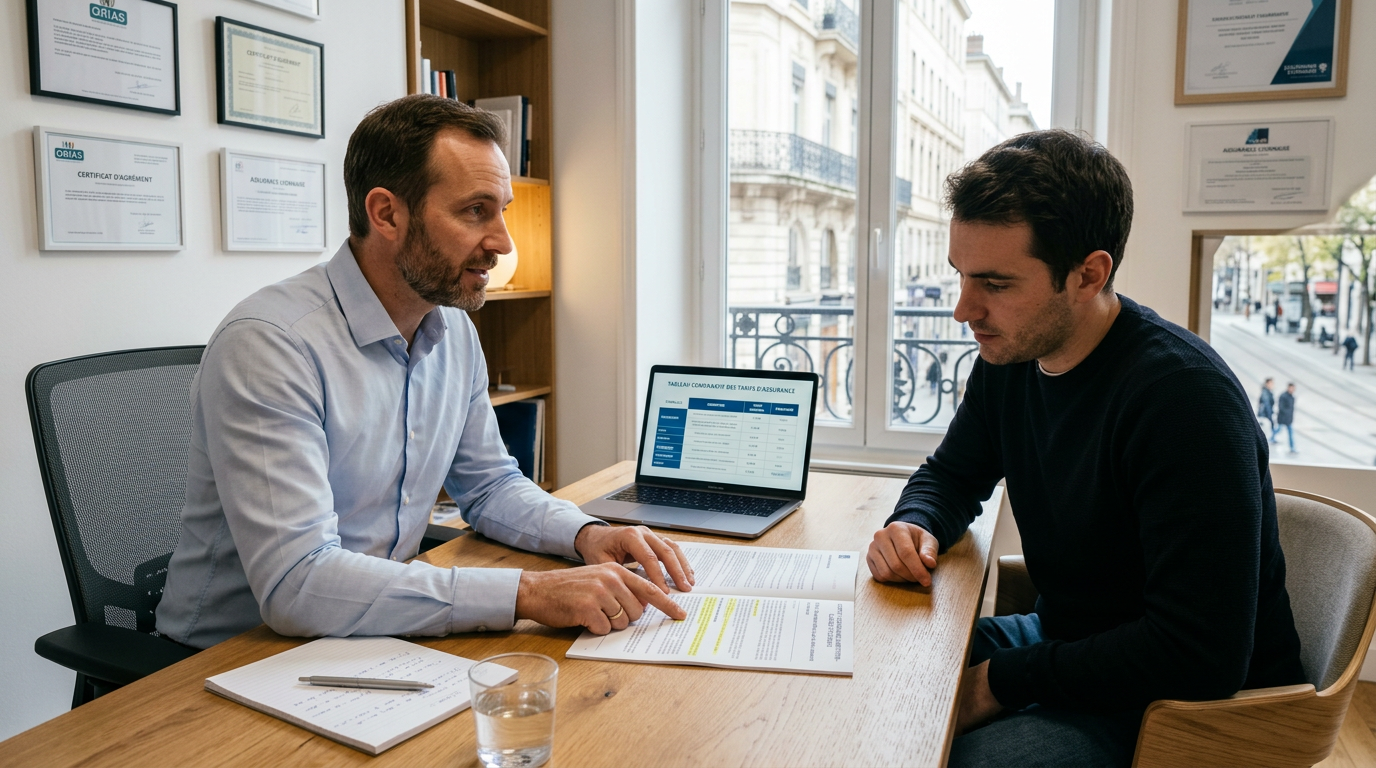 Conseiller en assurance expliquant un contrat auto à un client dans un bureau lumineux