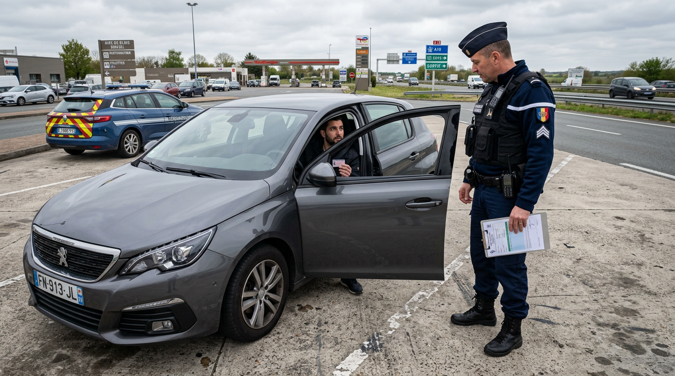 Gendarme inspectant les documents d'un conducteur lors d'un contrôle routier en France