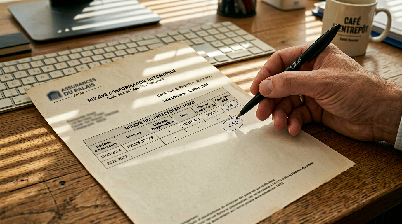 Document de relevé d'information auto montrant un coefficient de malus élevé sur un bureau