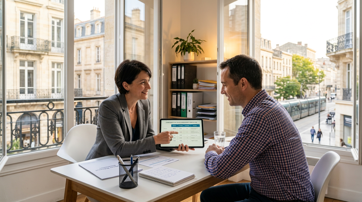 Conseiller assurance spécialisé malus présentant un devis sur tablette à un client en agence