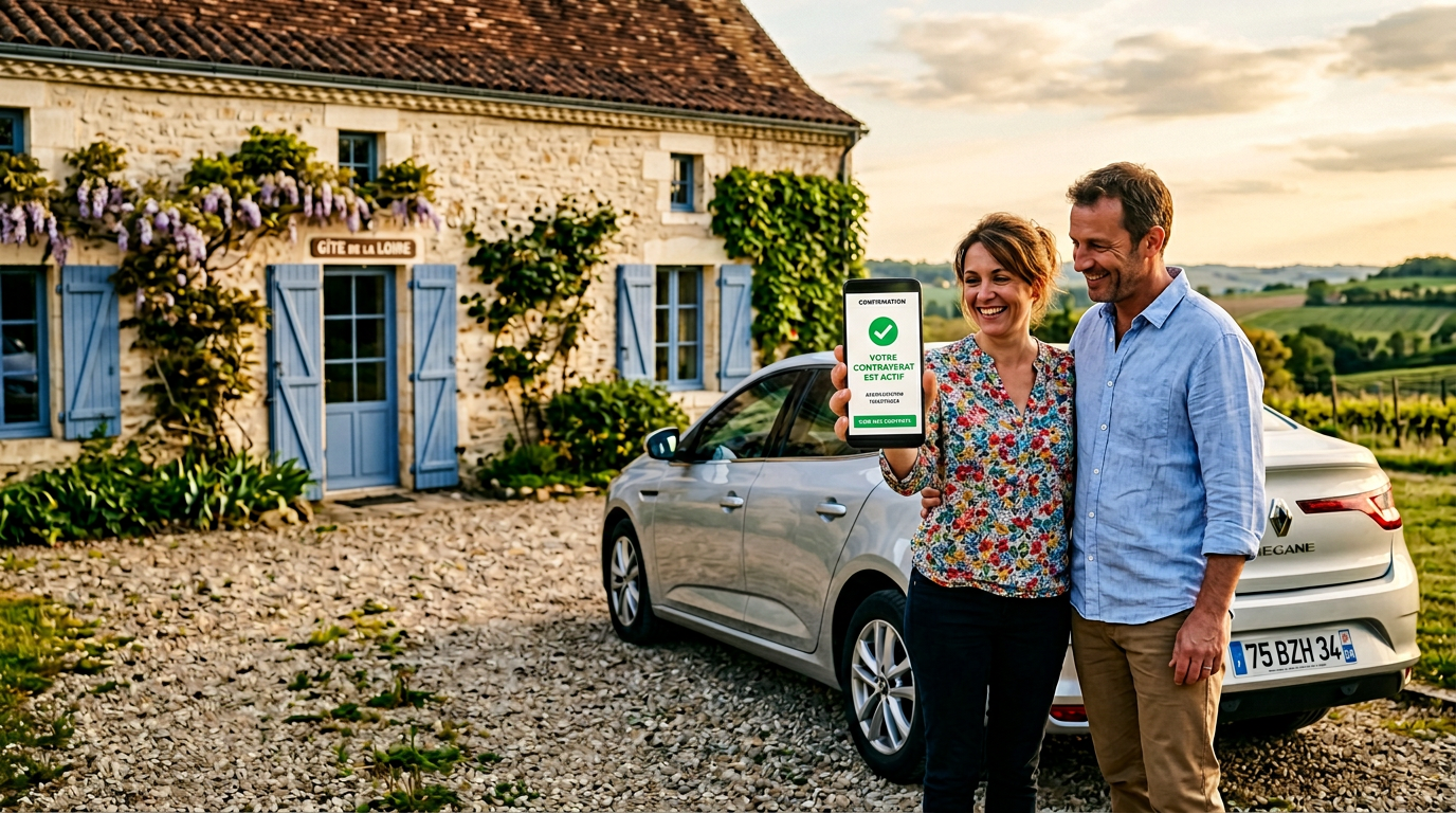 Conducteur satisfait recevant son attestation d'assurance auto malussé sur smartphone devant sa voiture