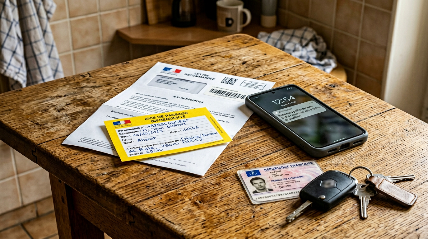 Courrier de mise en demeure pour non-paiement d'assurance auto posé sur un bureau avec une voiture visible en arrière-plan