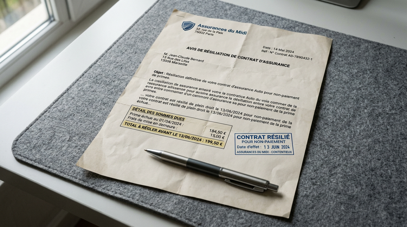 Formulaire de résiliation d'assurance auto avec tampon rouge et documents administratifs sur un bureau
