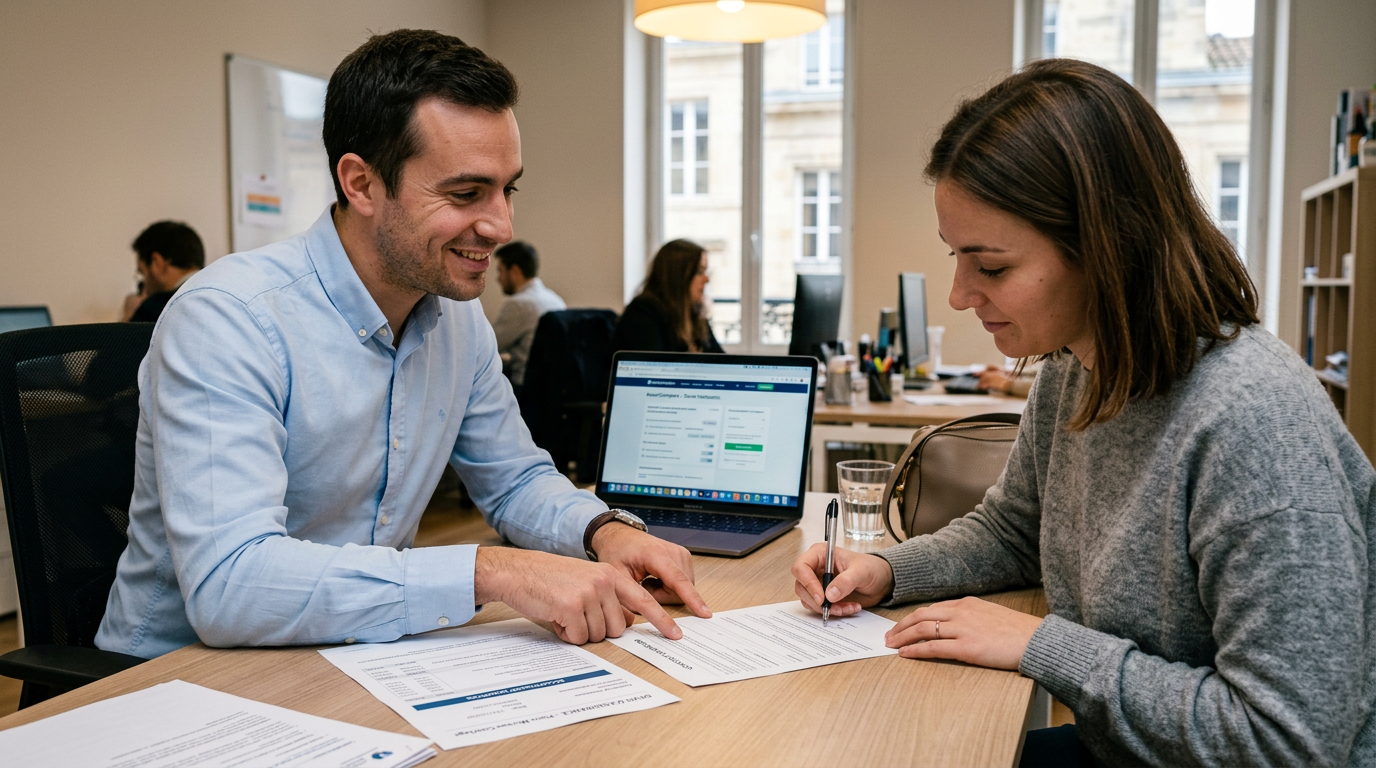 Conseiller en assurance remettant un devis à un client assis en face de lui dans un bureau
