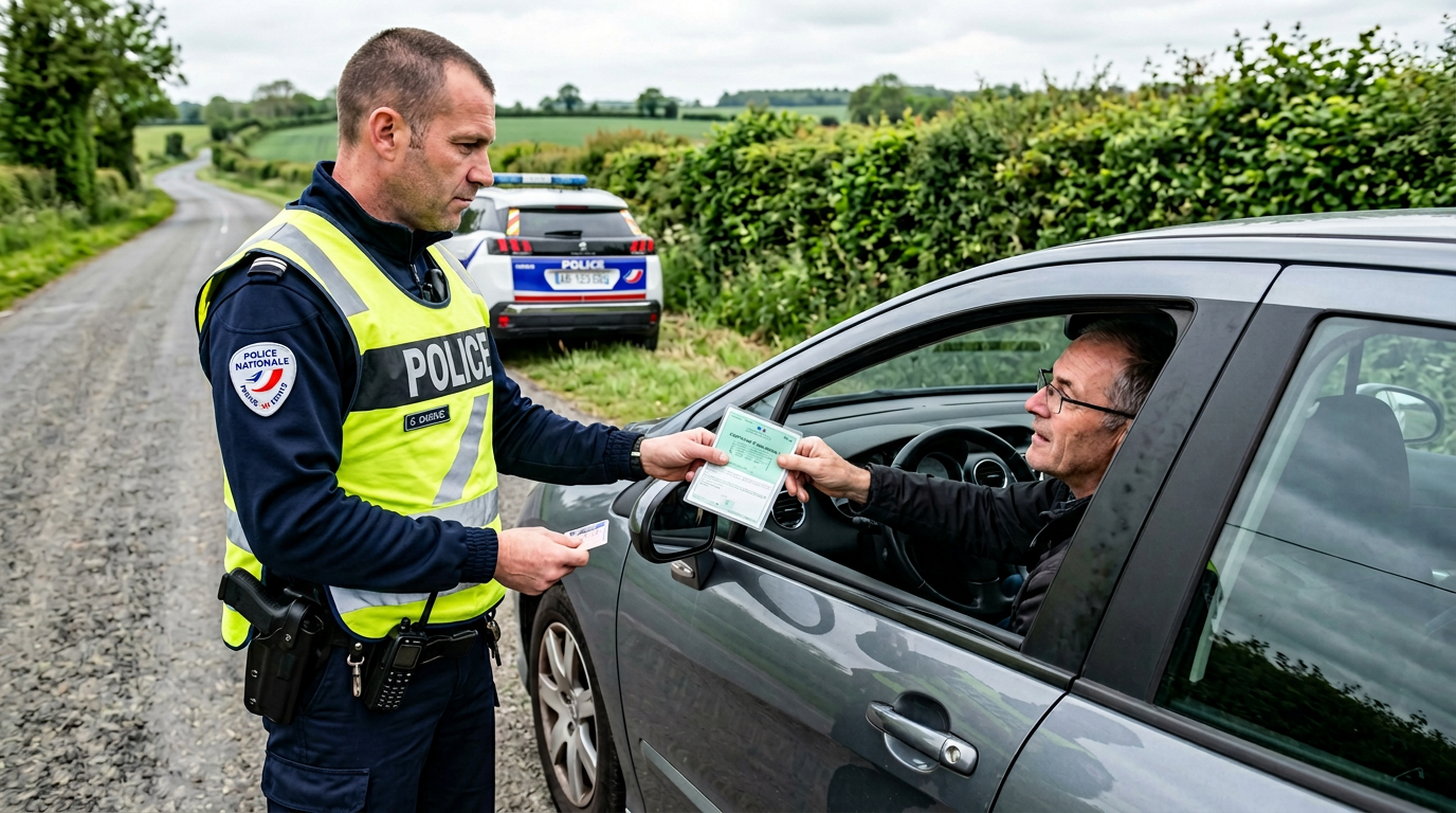 Agent de police contrôlant les documents d'assurance d'un conducteur lors d'un contrôle routier en France