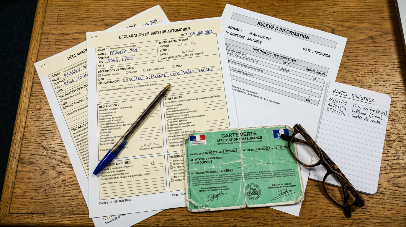 Dossier de sinistres automobiles empilés sur un bureau d'assureur, représentant une sinistralité élevée