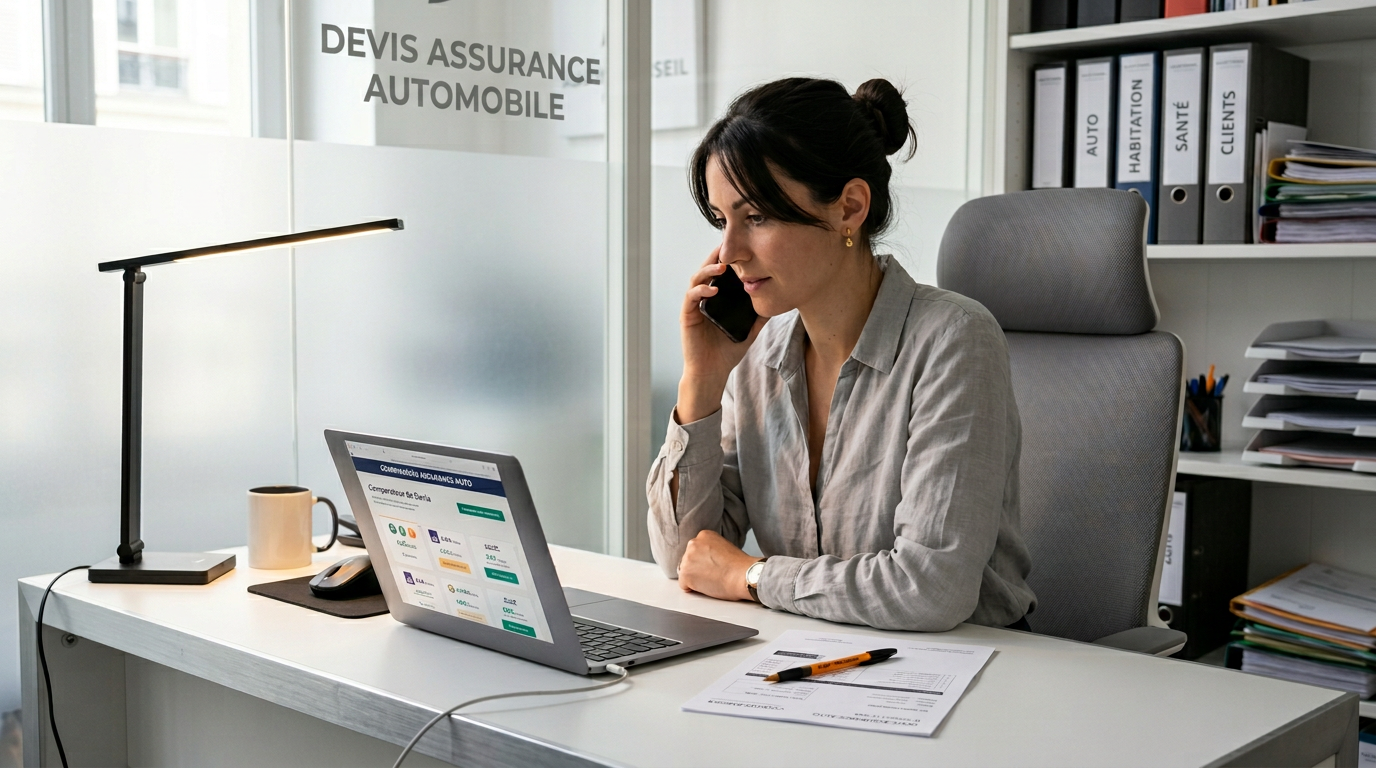 Conducteur malussé comparant des devis d'assurance auto sur un smartphone dans un bureau