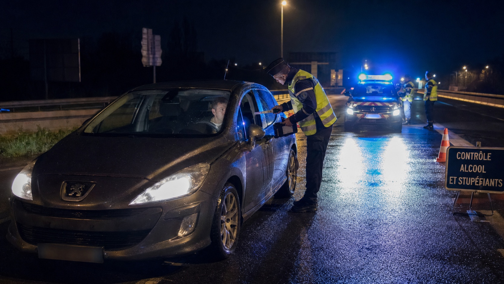 Conducteur arrêté à un contrôle routier de nuit, gendarme avec kit de dépistage stupéfiants