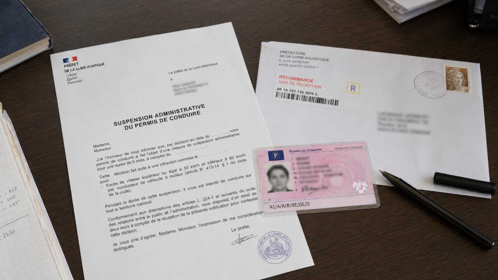 Lettre recommandée de résiliation d'assurance auto posée sur un bureau avec le permis de conduire