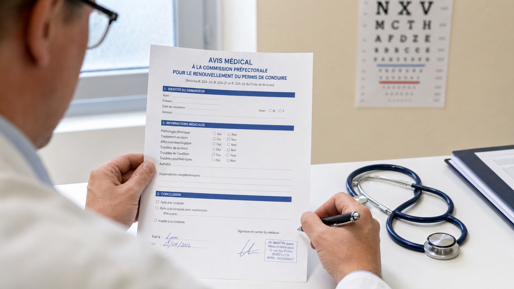 Formulaire médical de visite préfectorale pour récupération de permis de conduire posé sur un bureau