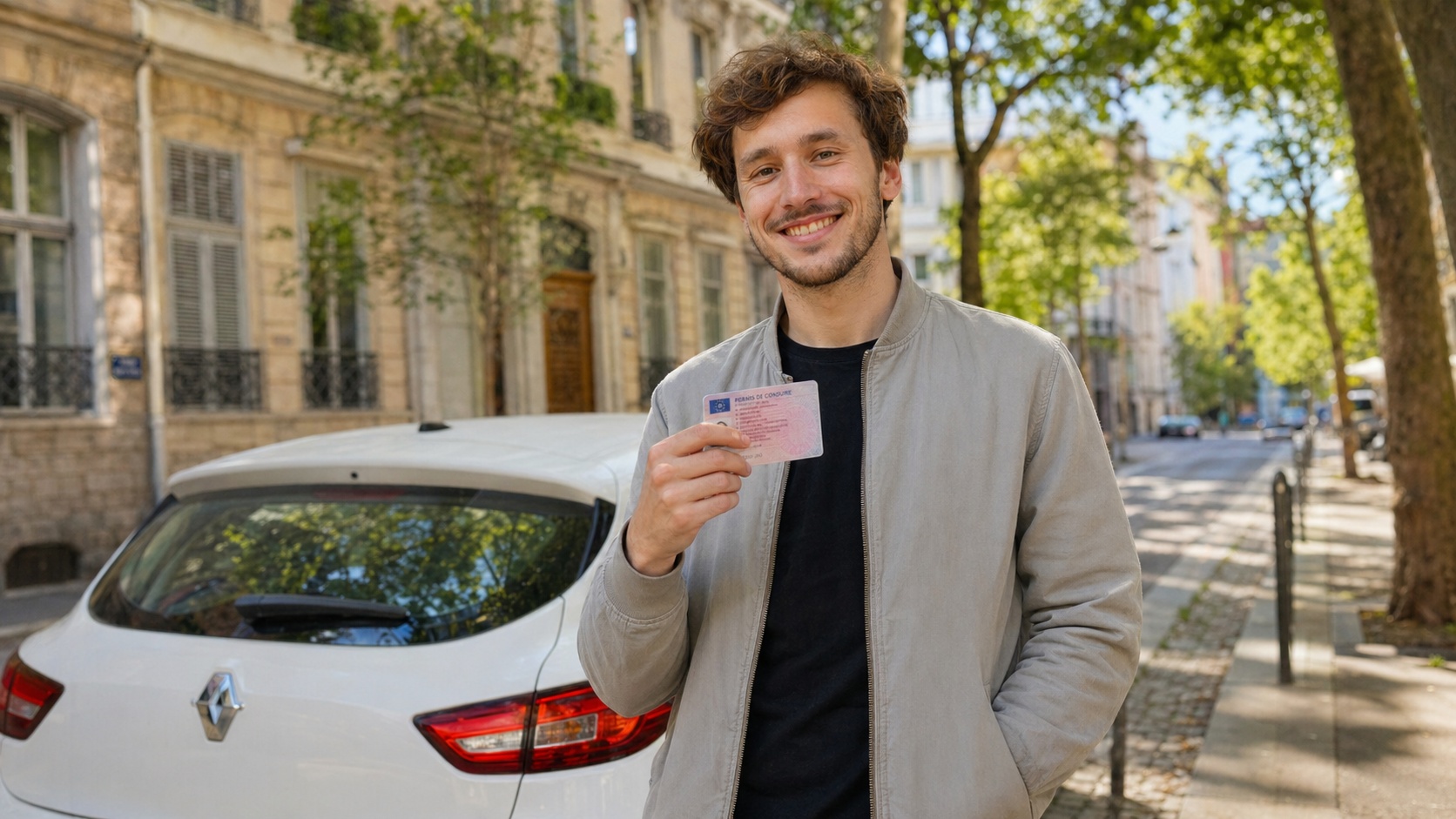 Conducteur souriant tenant son permis de conduire récupéré devant sa voiture dans une rue ensoleillée
