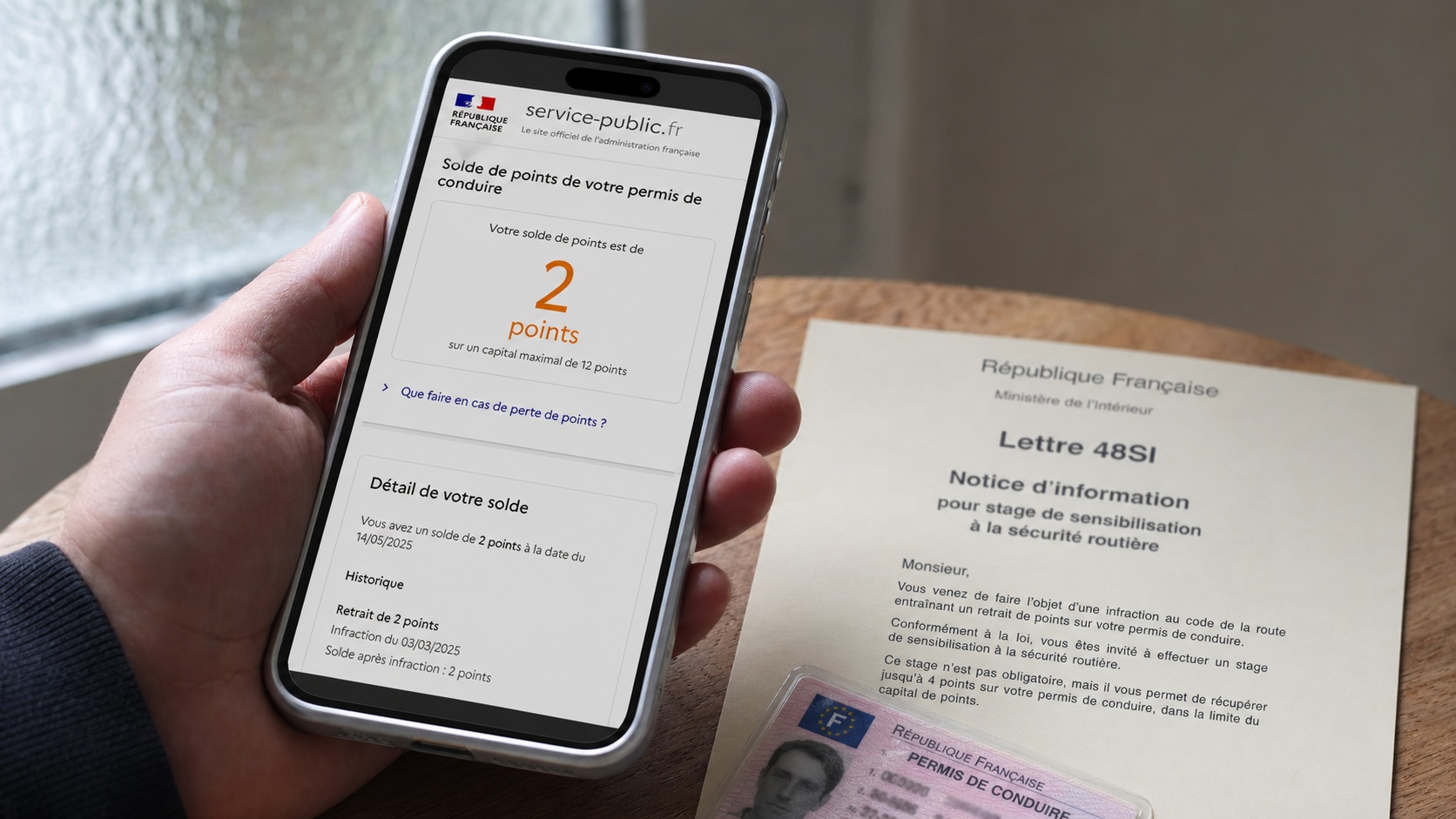 Tableau de bord d'une voiture avec un solde de points de permis affiché sur smartphone