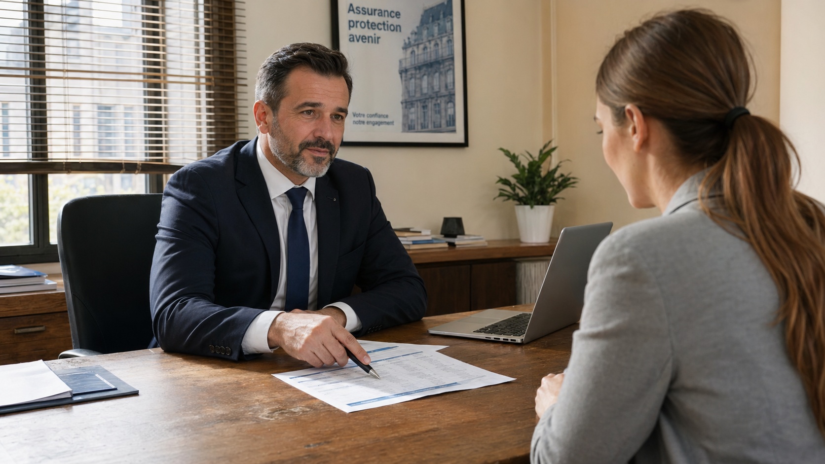 Conseiller en assurance présentant un devis sur écran à un client en agence