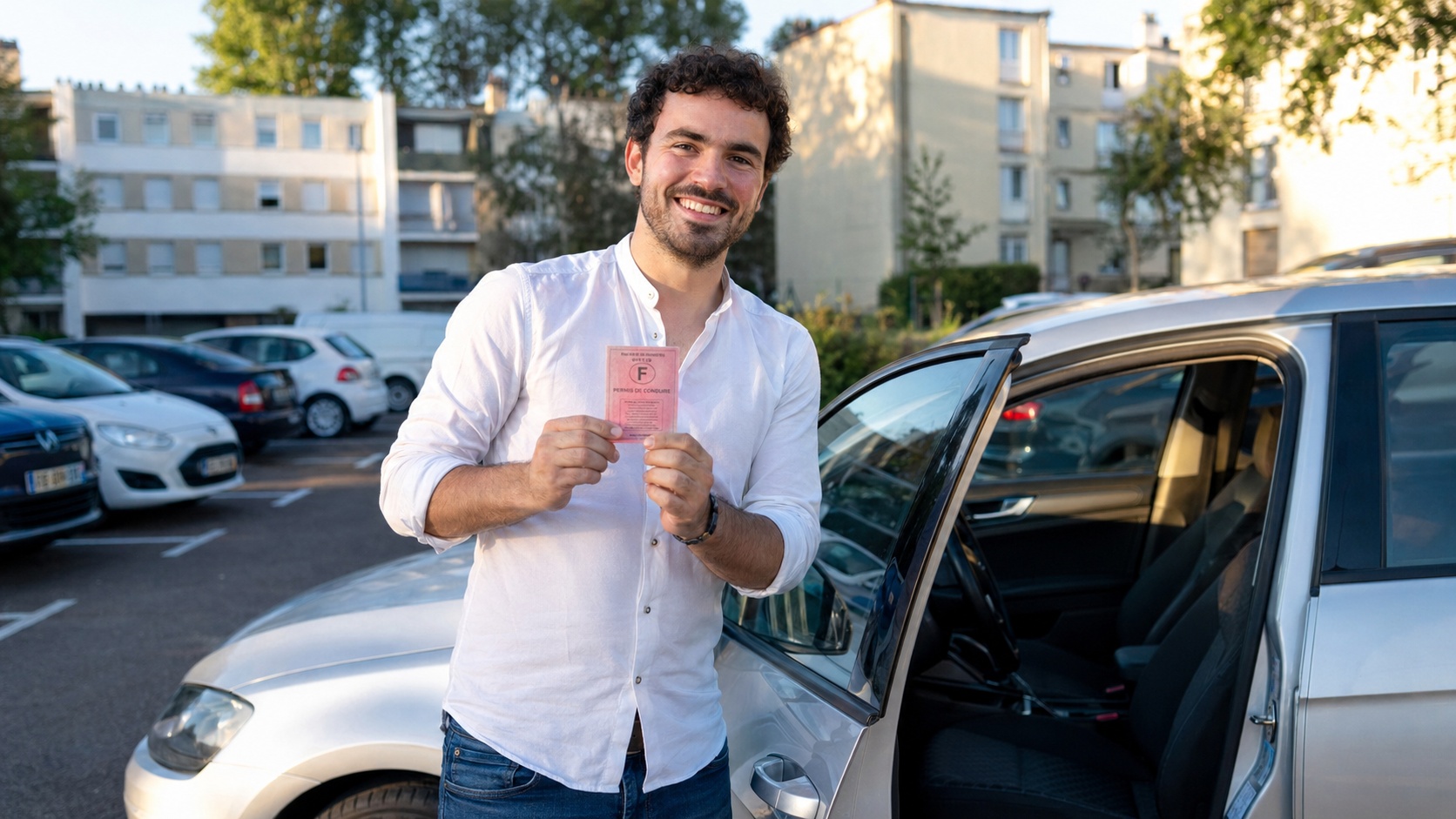 Conducteur souriant reprenant le volant après récupération de son permis de conduire