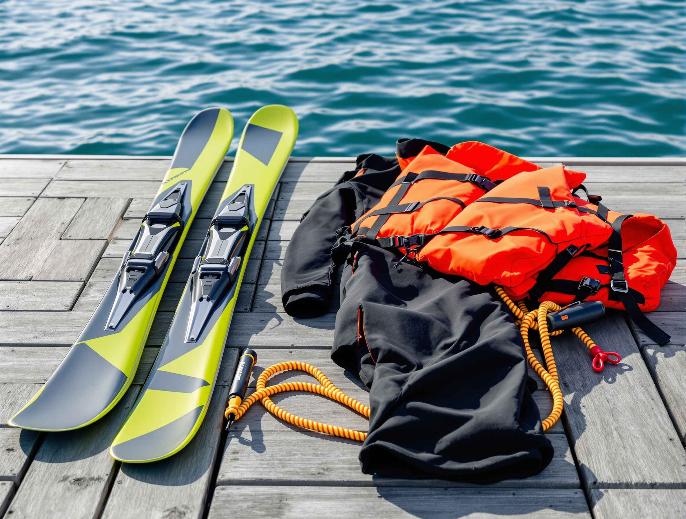 Équipement de ski nautique : skis, combinaison, gilet de flottaison posés sur un ponton