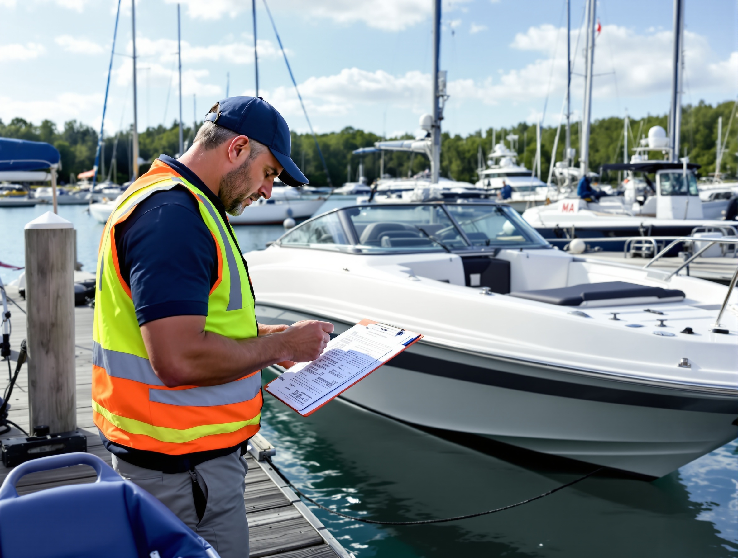 Inspection d'un bateau tracteur de ski nautique par un contrôleur avant une session encadrée