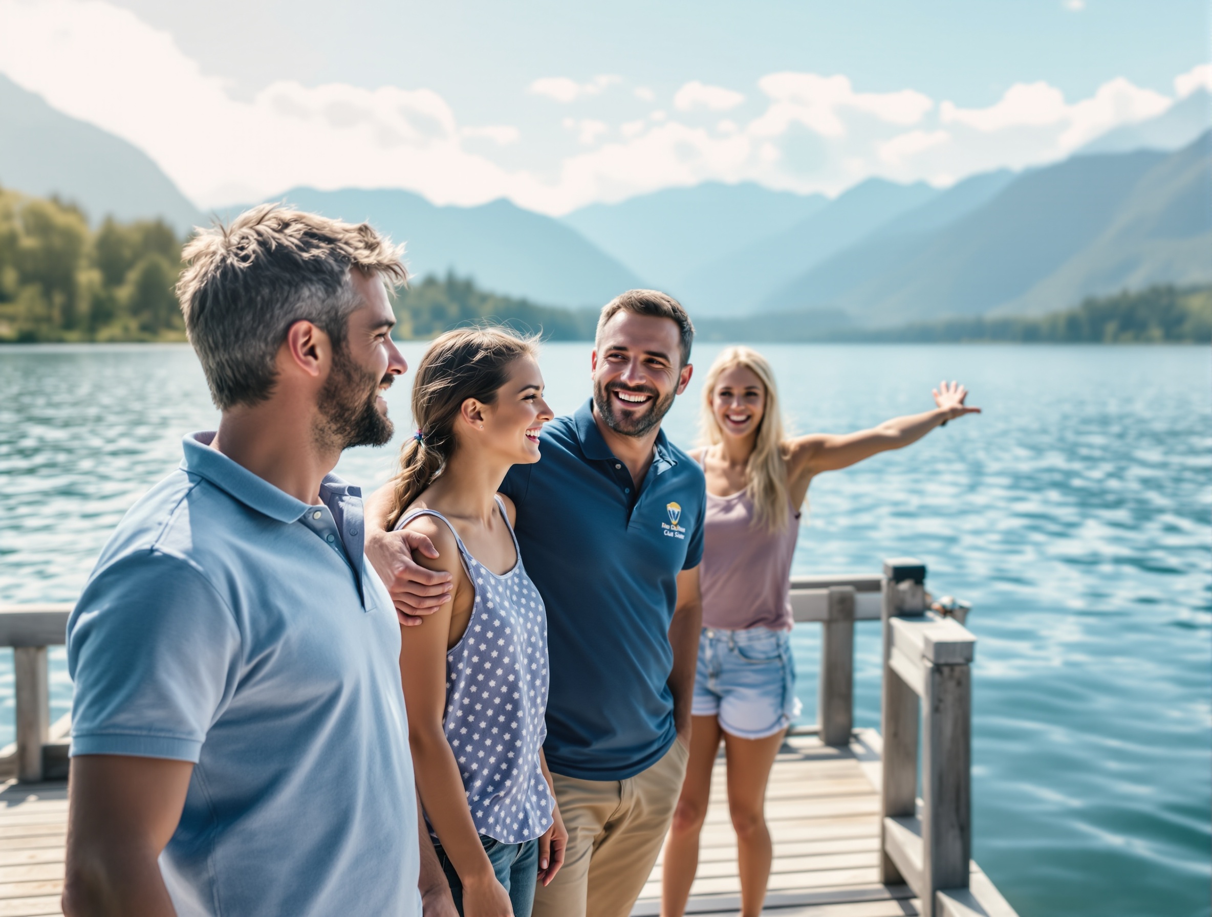 Famille heureuse sur un ponton après une session de ski nautique encadrée par un moniteur professionnel