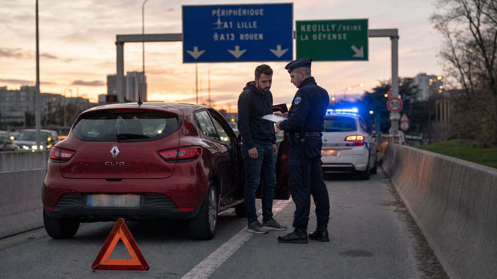 Conducteur contrôlé par les forces de l'ordre au bord d'une route française, véhicule stationné, document d'assurance absent