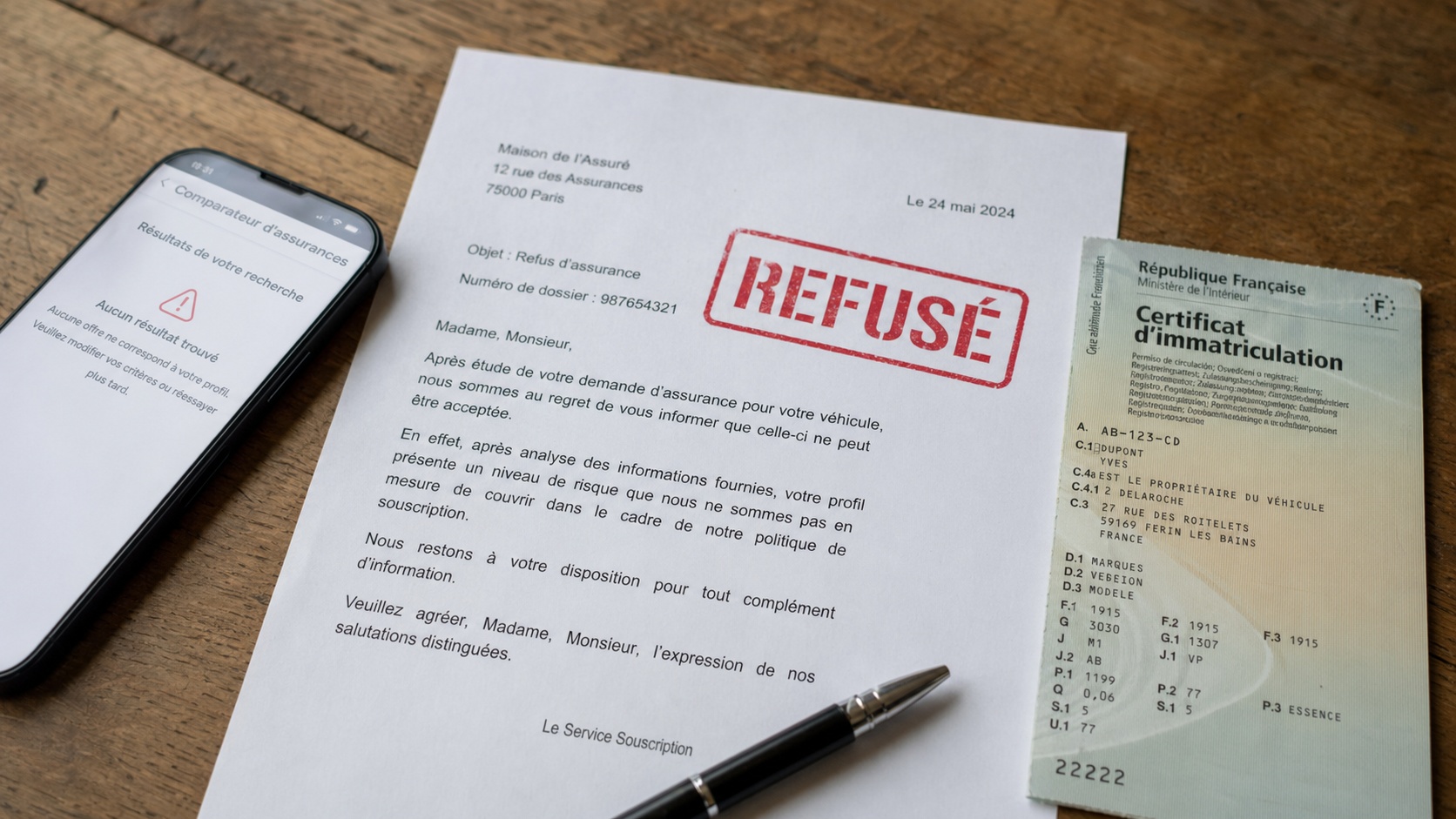 Gros plan sur un dossier d'assurance auto refusé avec tampon rouge, stylo et formulaire sur un bureau d'agence française
