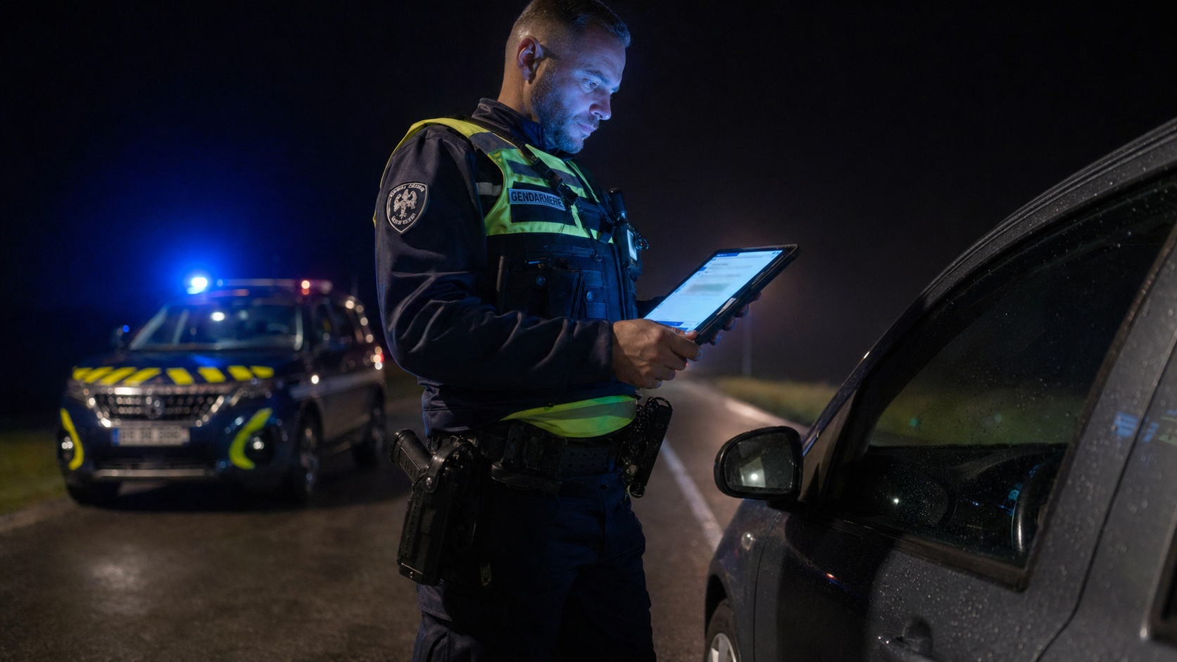 Gendarme effectuant un contrôle routier sur une nationale française, consultation du fichier des véhicules assurés sur tablette, nuit tombante