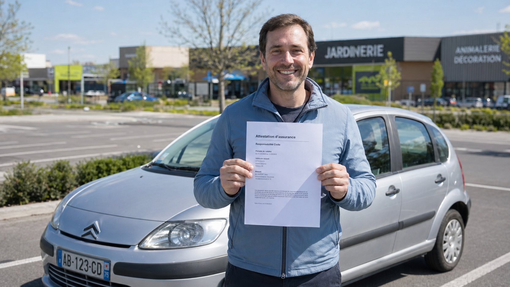 Conducteur souriant tenant son attestation d'assurance auto imprimée devant sa voiture garée dans un parking ensoleillé en France