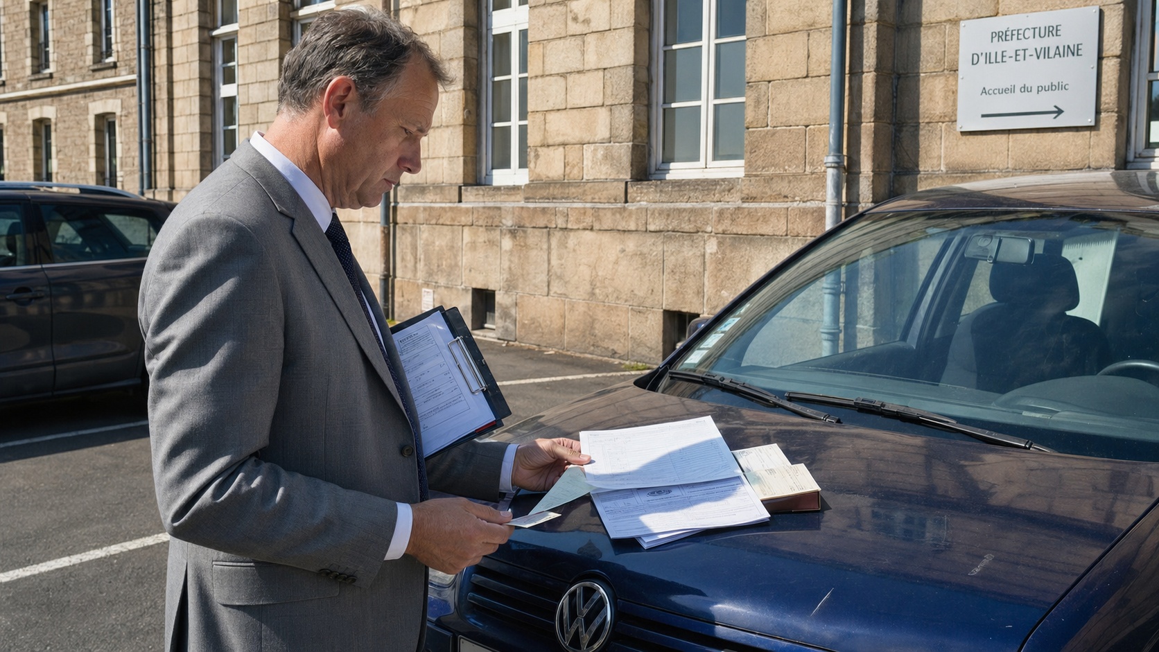 Inspecteur vérifiant les documents réglementaires d'assurance auto après résiliation pour sinistre