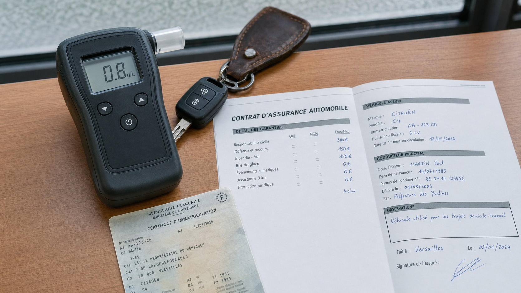 Éthylotest professionnel et documents d'assurance auto sur bureau