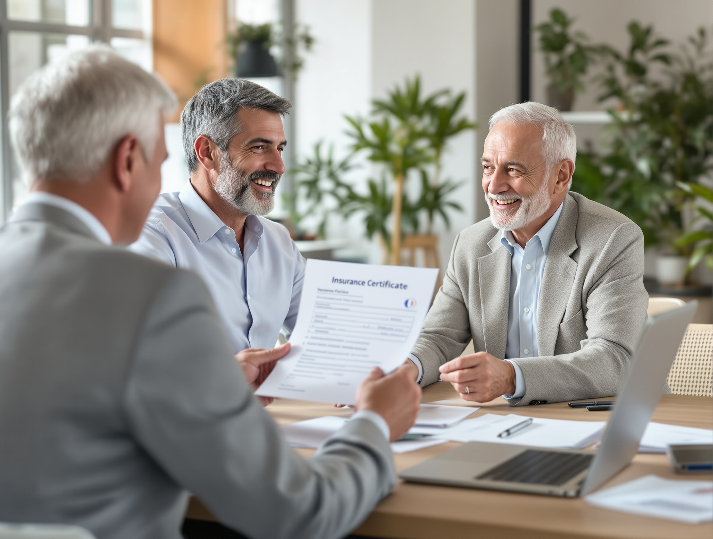 Conseiller en assurance remettant une attestation provisoire à un client pour sa voiturette sans permis, bureau et documents en arrière-plan