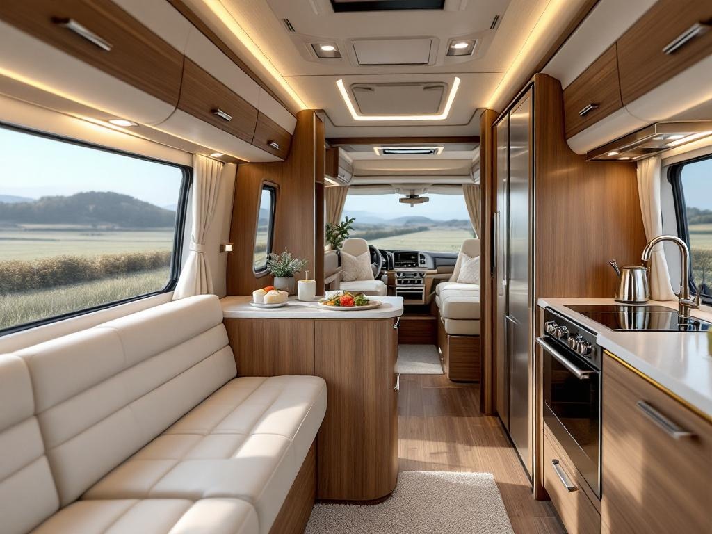 Intérieur haut de gamme d'une caravane Tabbert avec mobilier bois et équipements modernes