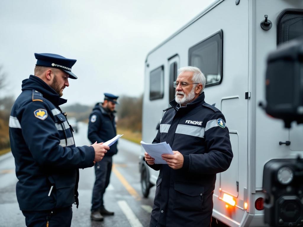 Gendarme effectuant un contrôle routier d'un véhicule tractant une caravane sur autoroute française