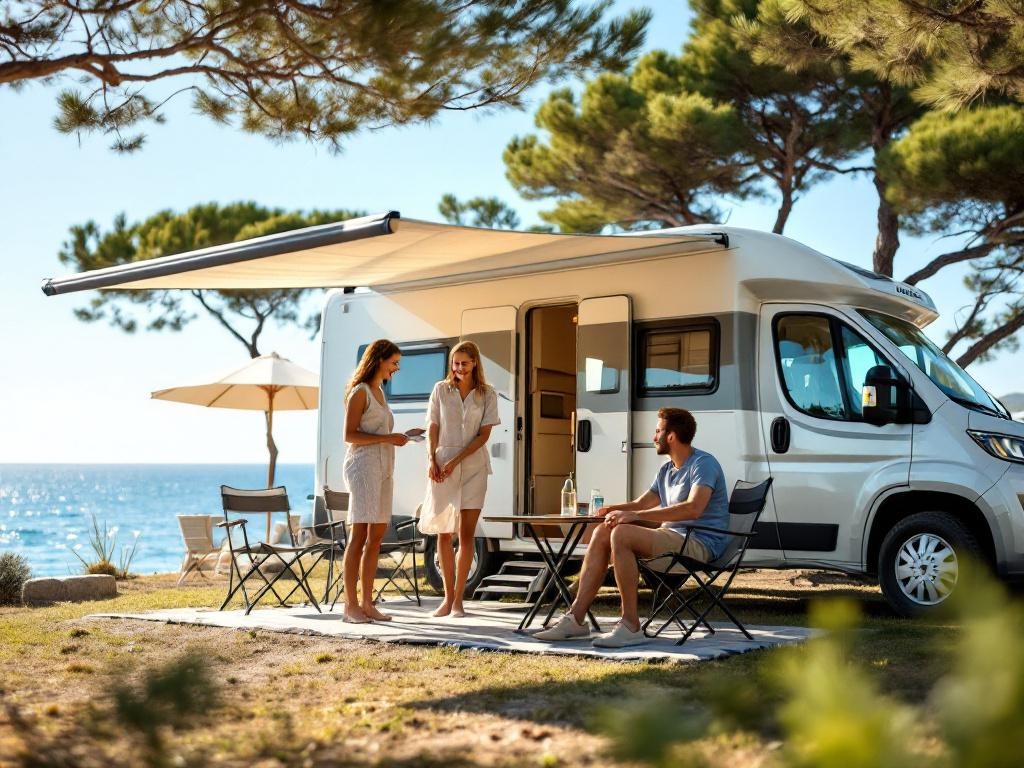 Famille souriante devant leur caravane Fendt installée sur un camping provençal ensoleillé