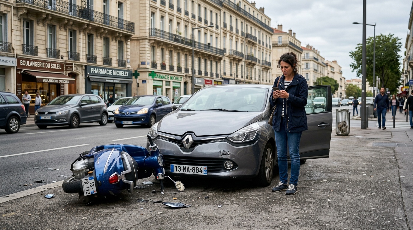 Voiture garée sur le Vieux-Port de Marseille avec un document d'assurance temporaire sur le tableau de bord