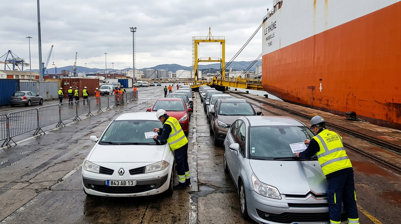 Vue aérienne du port de La Joliette à Marseille avec des véhicules en attente d'exportation sur le quai