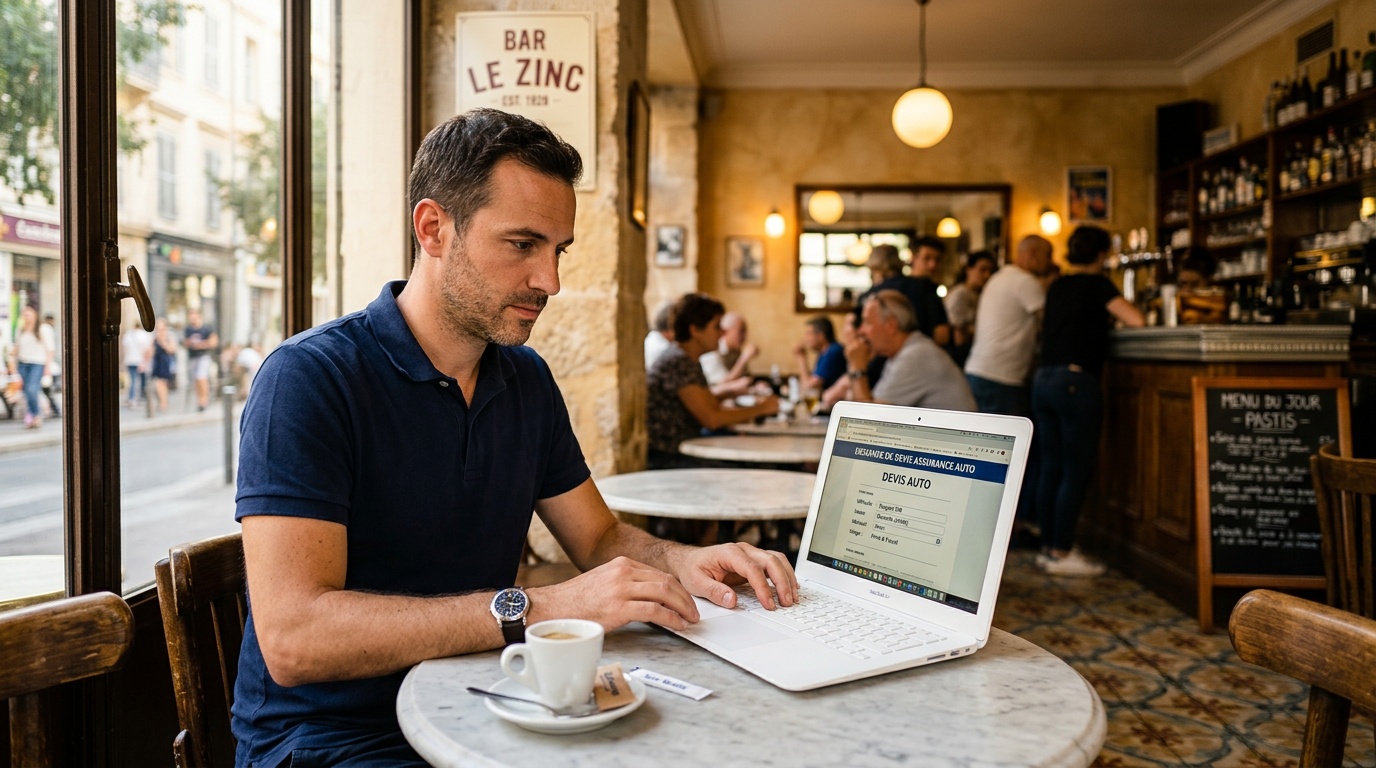 Personne consultant un devis d'assurance temporaire sur un smartphone dans un café du centre de Marseille