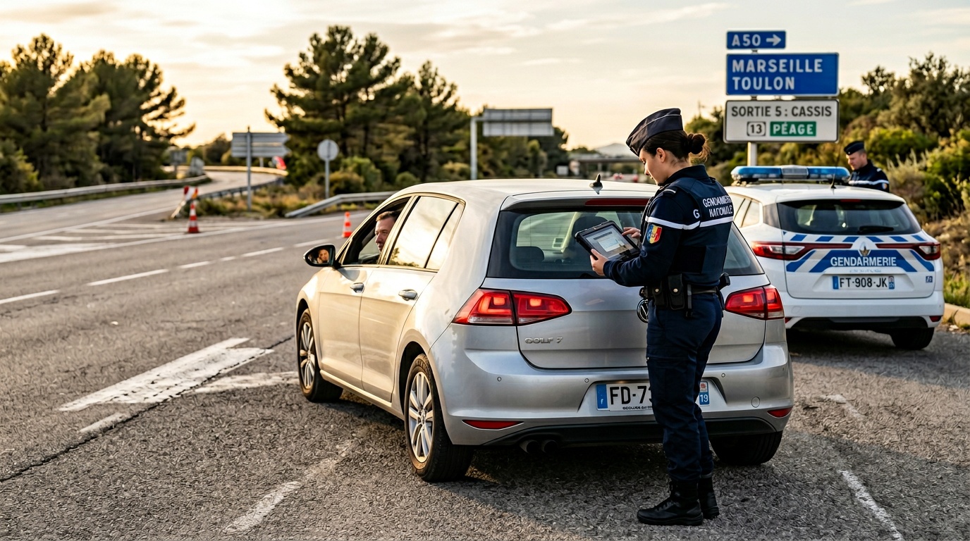 Gendarme effectuant un contrôle de documents sur un véhicule à un poste de contrôle routier près de Marseille