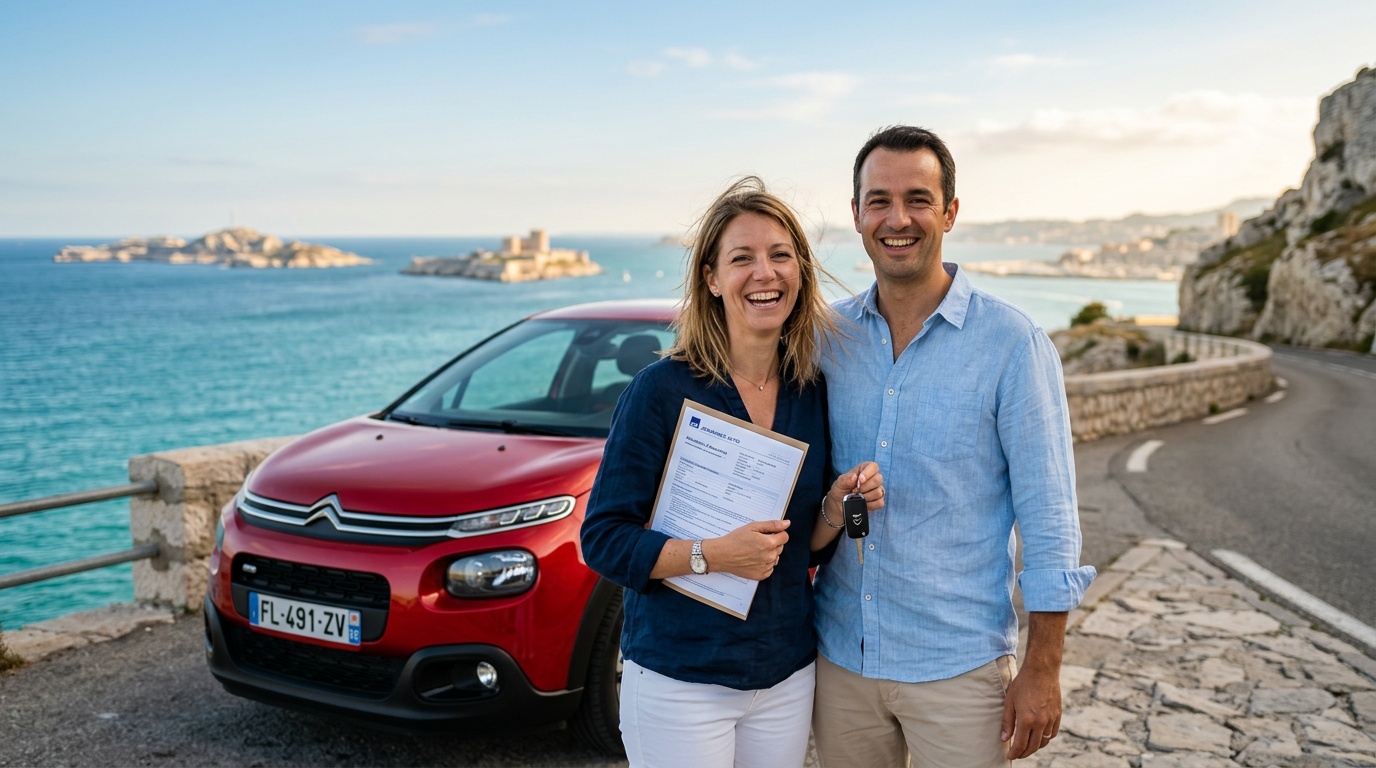 Conducteur souriant récupérant ses clés de voiture sur le Vieux-Port de Marseille après souscription d'assurance temporaire