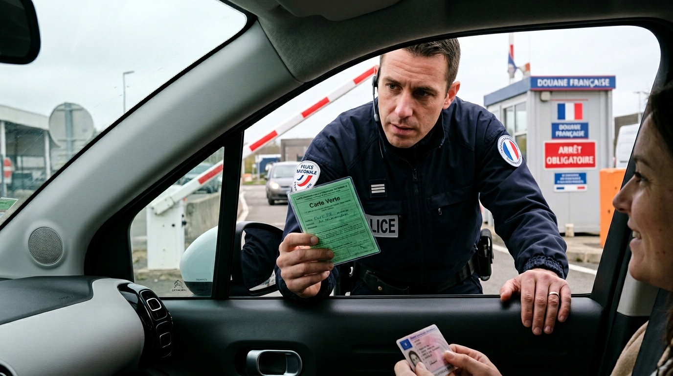 Conducteur contrôlé à une frontière européenne presentant sa carte verte assurance temporaire