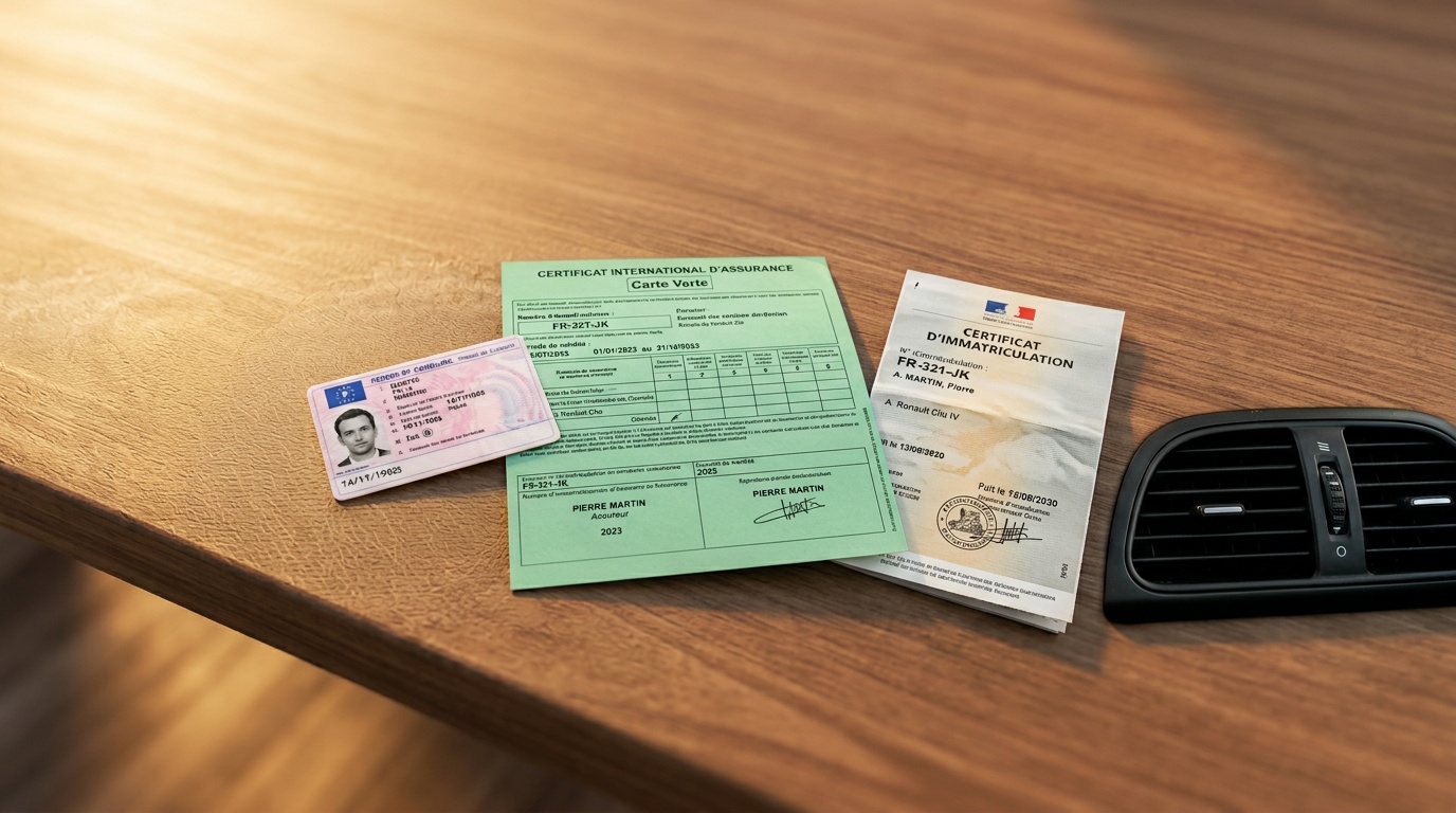 Carte verte assurance internationale posée sur tableau de bord de voiture avant départ en Europe
