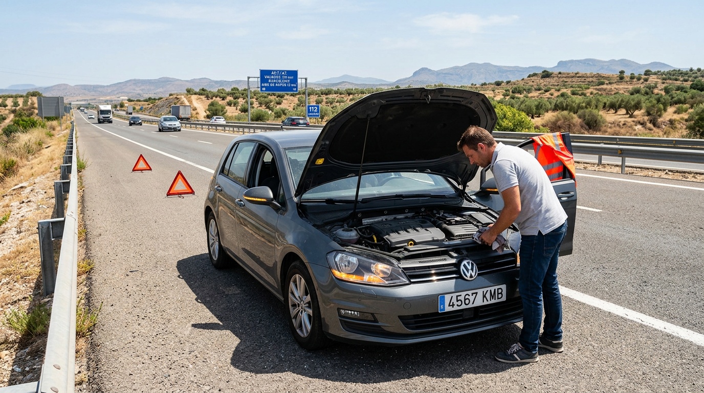 Voiture en panne sur une route espagnole avec conducteur inspectant le moteur ouvert