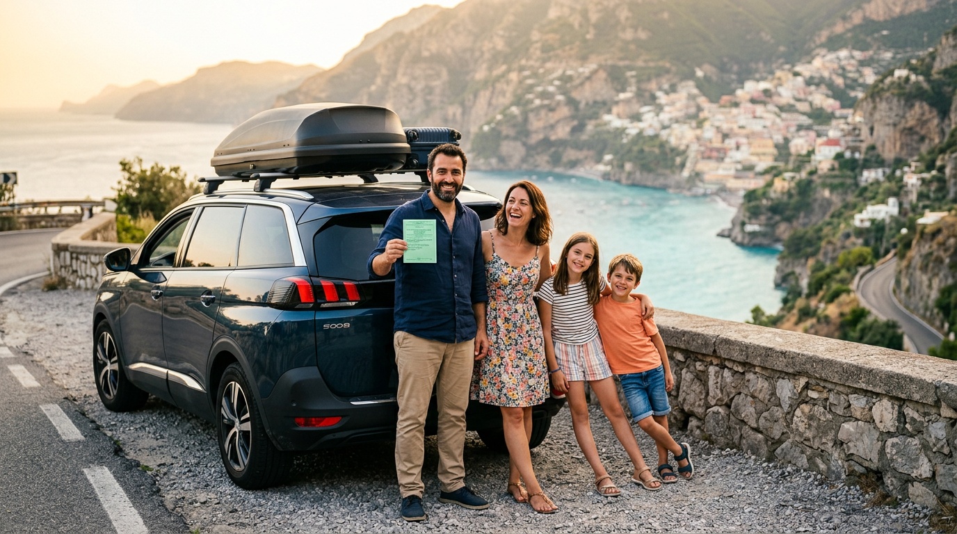 Famille heureuse devant leur voiture après un road trip en Europe, attestation assurance en main