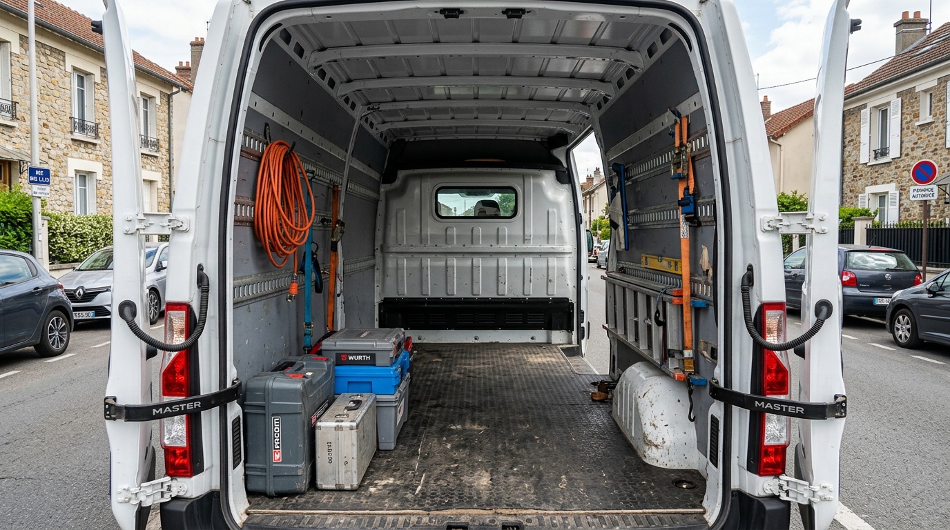 Détail du tableau de bord d'un fourgon professionnel avec documents d'assurance posés sur le siège passager