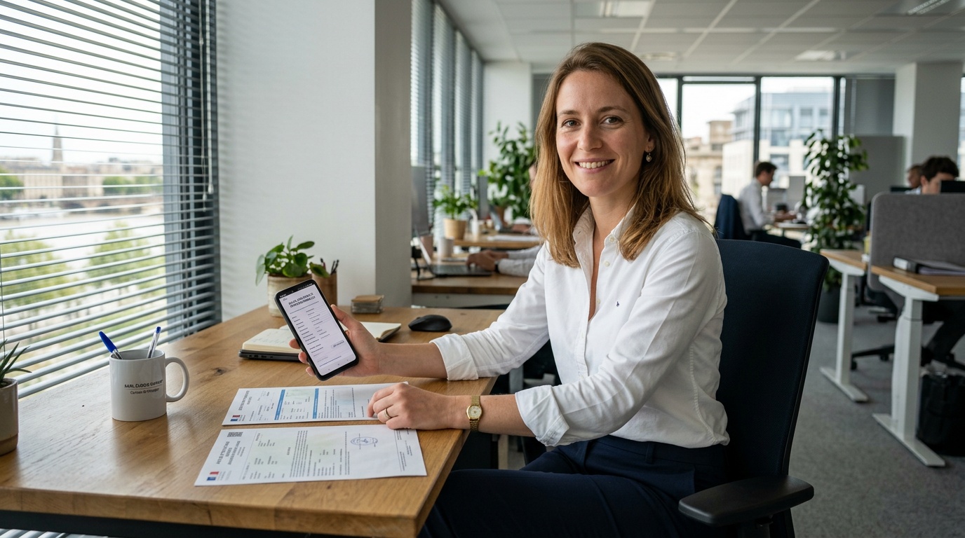 Chef d'entreprise consultant une offre d'assurance temporaire sur son smartphone dans un bureau moderne à Lyon