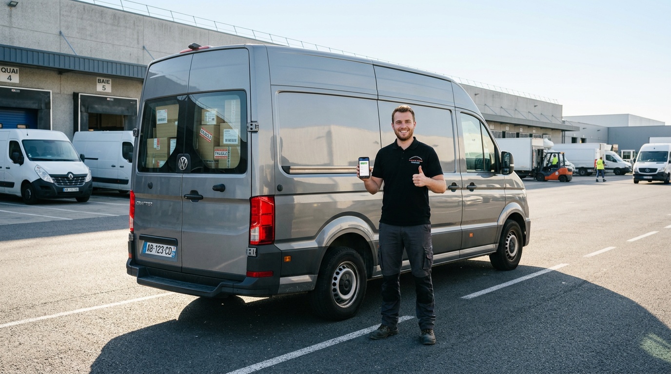 Chef d'entreprise souriant devant son utilitaire professionnel assuré, prêt à partir en livraison dans une zone industrielle de Bordeaux