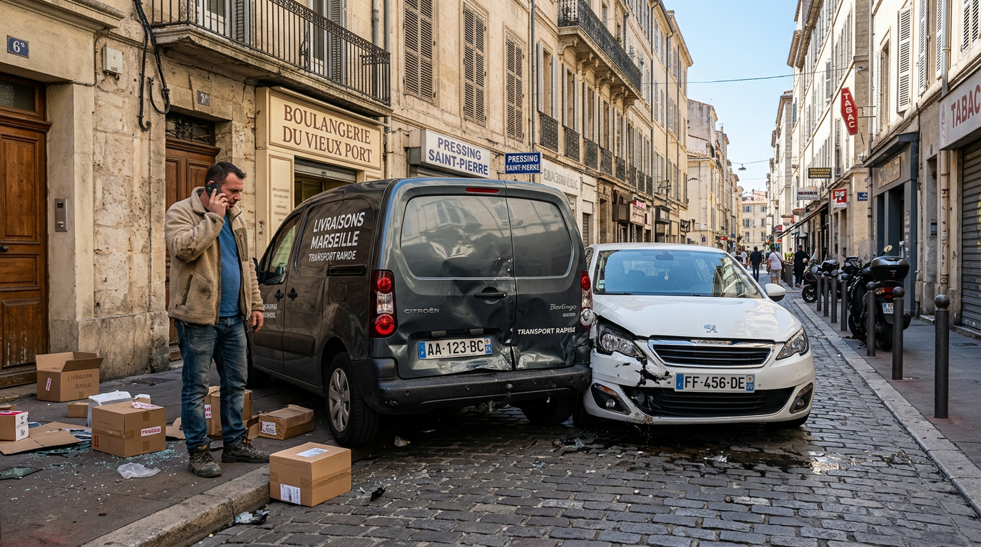 Artisan malussé devant son camion utilitaire bloqué sans assurance professionnelle