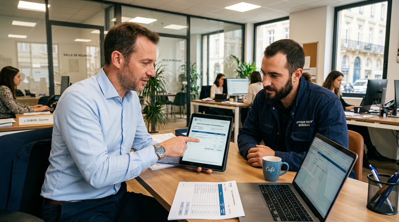 Conseiller Revital présentant un devis d'assurance pro malussé sur tablette à un artisan