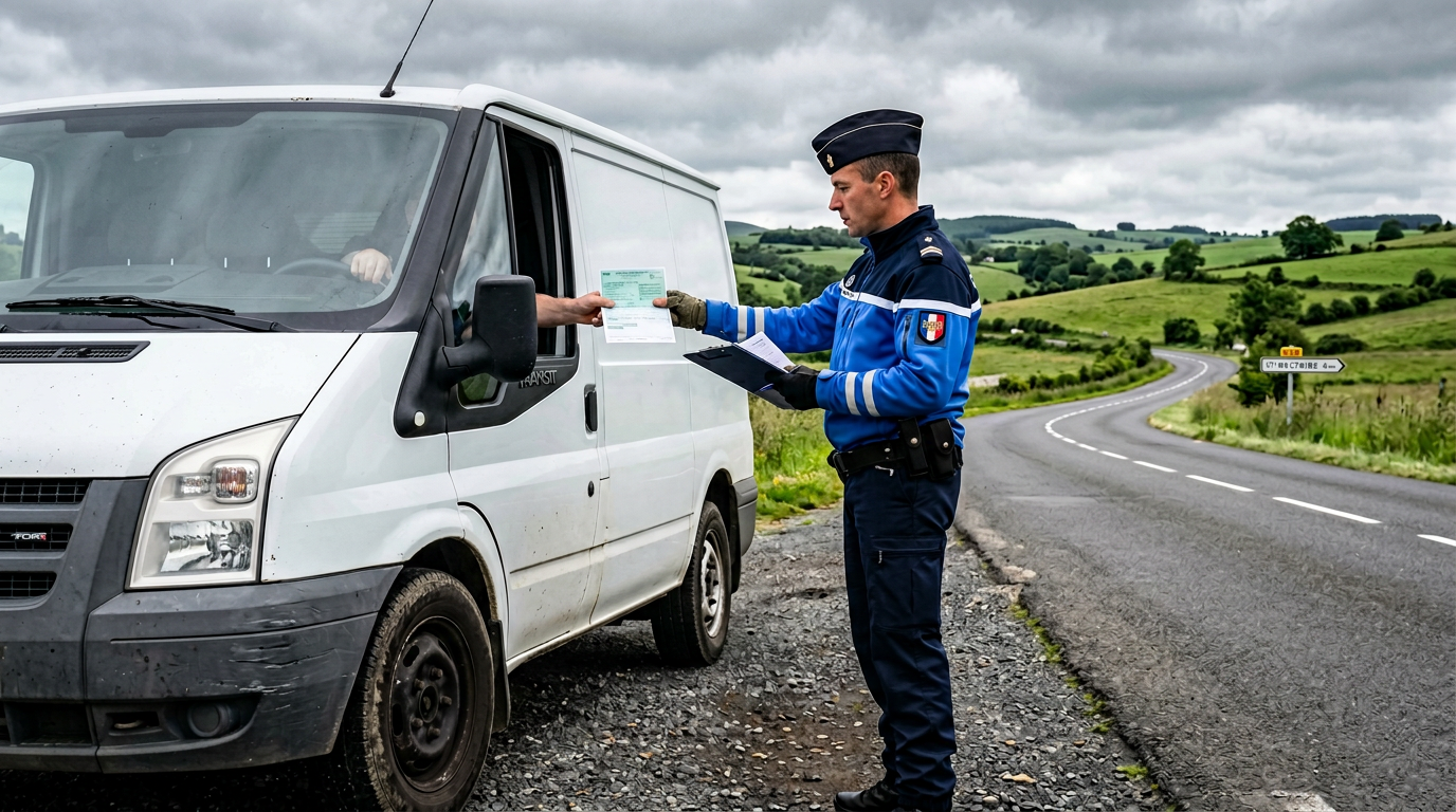 Contrôle de conformité d'un véhicule utilitaire professionnel par un agent, attestation d'assurance en main